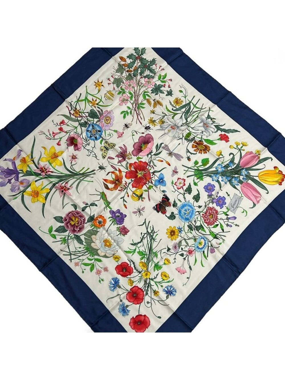 Gucci Scarf Ivory Navy Multi Floral Pattern